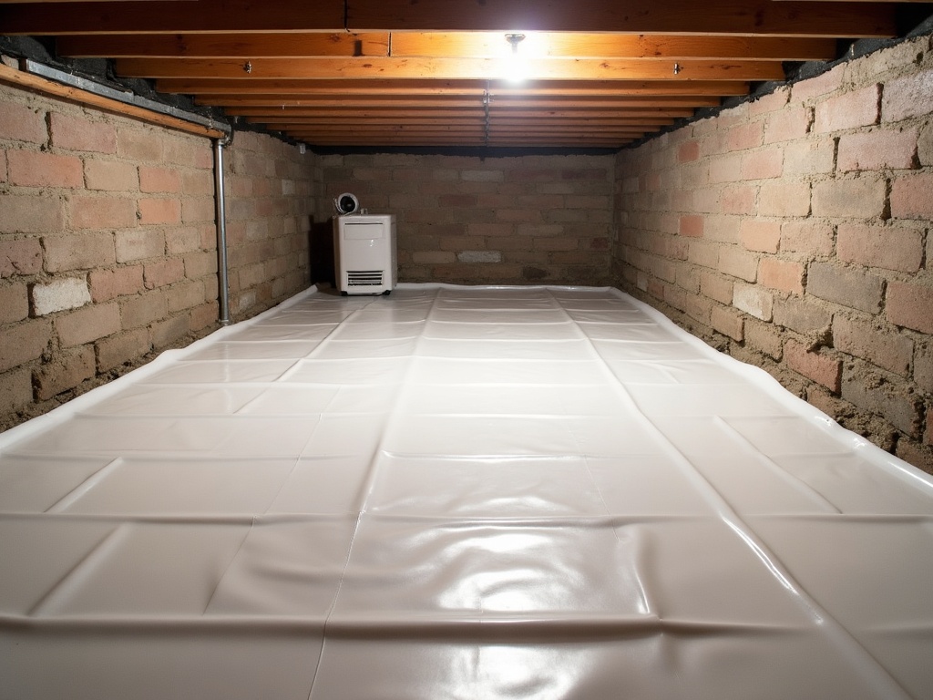 Same crawl space after professional encapsulation with reinforced white vapor barrier liner covering the floor and dehumidifier installed