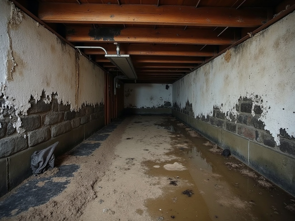 Dirty crawl space with standing water, mold on the foundation walls, and damaged joists before encapsulation